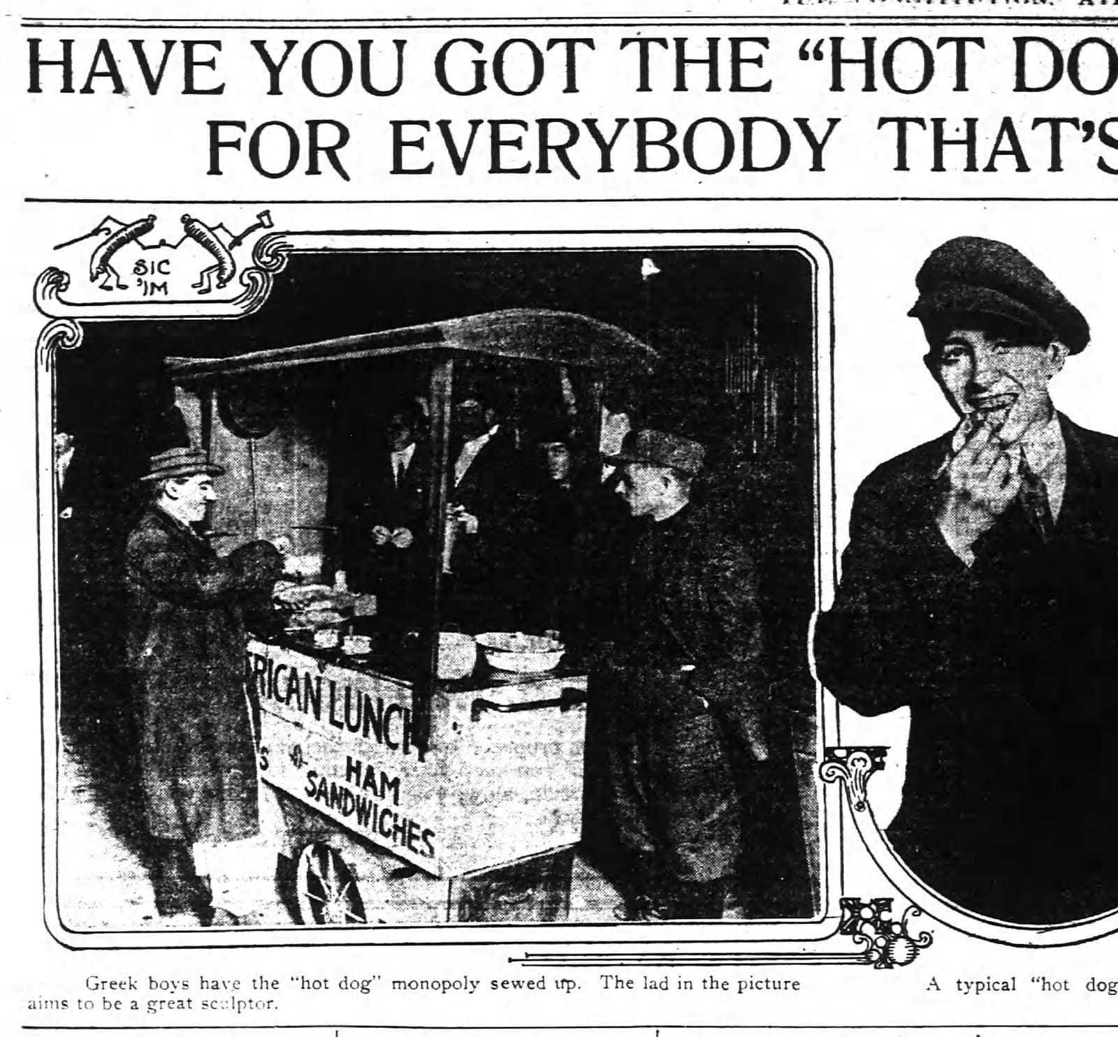 The Atlanta Constitution, Apr. 13, 1913 — hot dog feature; caption: Greek boys have the hot dog monopoly sewed up.