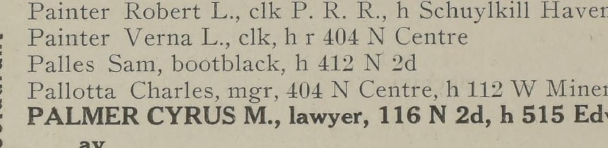 Boyd's Directory of Pottsville, 1917–19 edition, p. 266 — the entry Palles Sam, bootblack, h 412 N 2d.