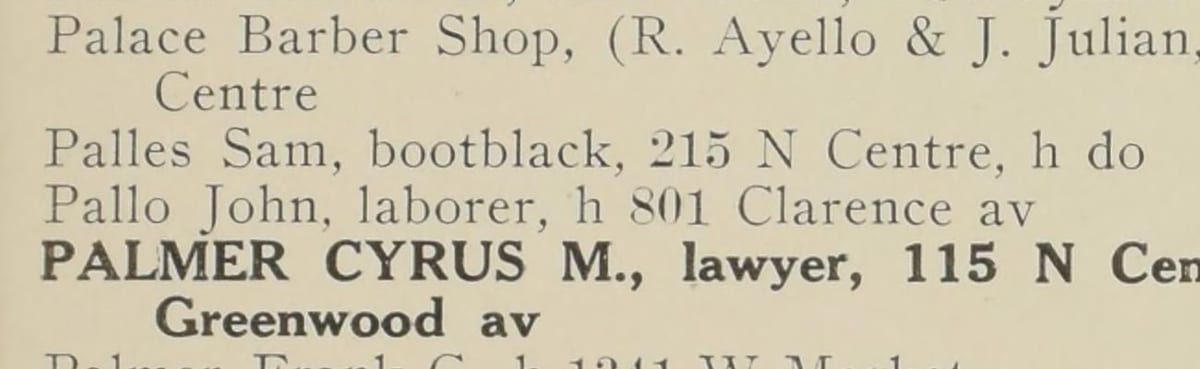 Boyd's Directory of Pottsville, 1919–21 edition — the entry Palles Sam, bootblack, 215 N Centre, h do.