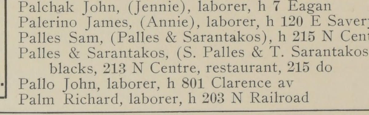 Boyd's Directory, 1922–24 — Palles & Sarantakos firm entry: bootblacks, 213 N Centre, restaurant, 215 do.