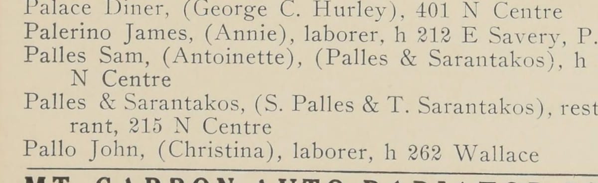 Boyd's Directory of Pottsville, 1926–28 edition — Palles Sam, (Antoinette), and the firm entry restaurant, 215 N Centre.
