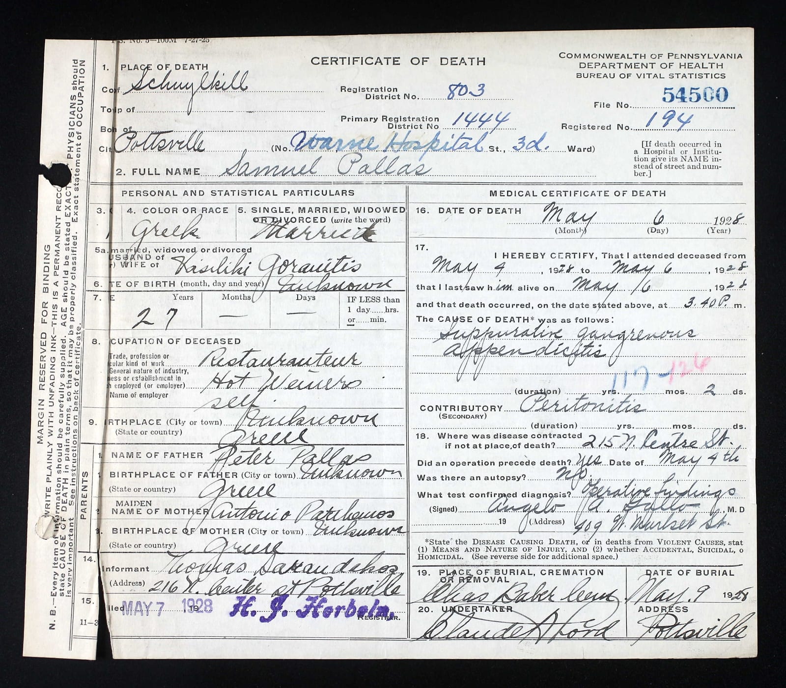 Pennsylvania certificate of death no. 54500 — Samuel Pallas, died May 6, 1928 — industry line: Hot Weiners.