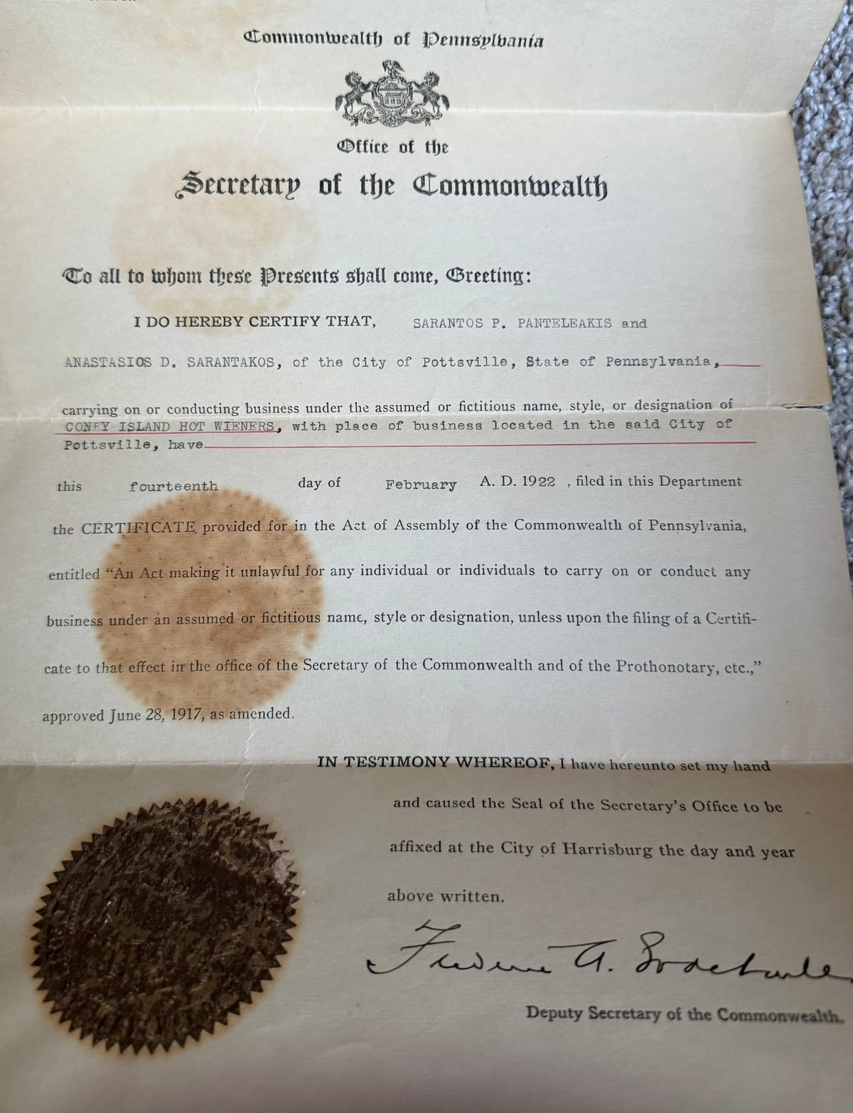 Pennsylvania fictitious-name certificate, Feb. 14, 1922 — Palles & Sarantakos, doing business as Coney Island Hot Wieners.