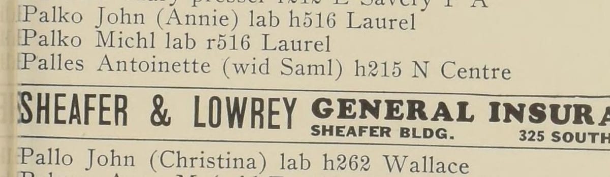 Pottsville City Directory, 1928–29 edition — the entry Palles Antoinette (wid Saml) h215 N Centre.