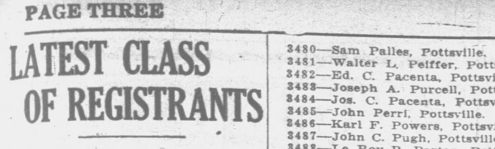 Pottsville Republican, Oct. 10, 1918, p. 3 — draft registrants list with the entry 3480, Sam Palles, Pottsville.
