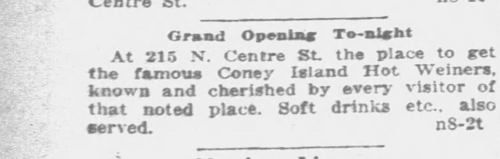Pottsville Republican, Nov. 8, 1918 — Grand Opening To-night notice for the famous Coney Island Hot Weiners.