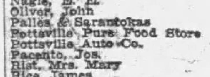 Pottsville Republican, Jun. 9, 1919, p. 7 — roster lines reading Palles & Sarantokas, Pottsville Pure Food Store.