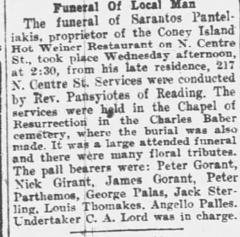 Pottsville Republican, May 9, 1928 — funeral notice naming the proprietor of the Coney Island Hot Weiner Restaurant.