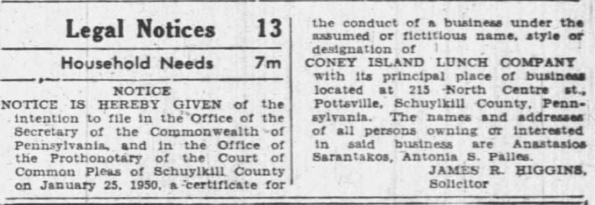 Pottsville Republican, Jan. 19, 1950 — Coney Island Lunch Company notice naming Anastasios Sarantakos and Antonia S. Palles.