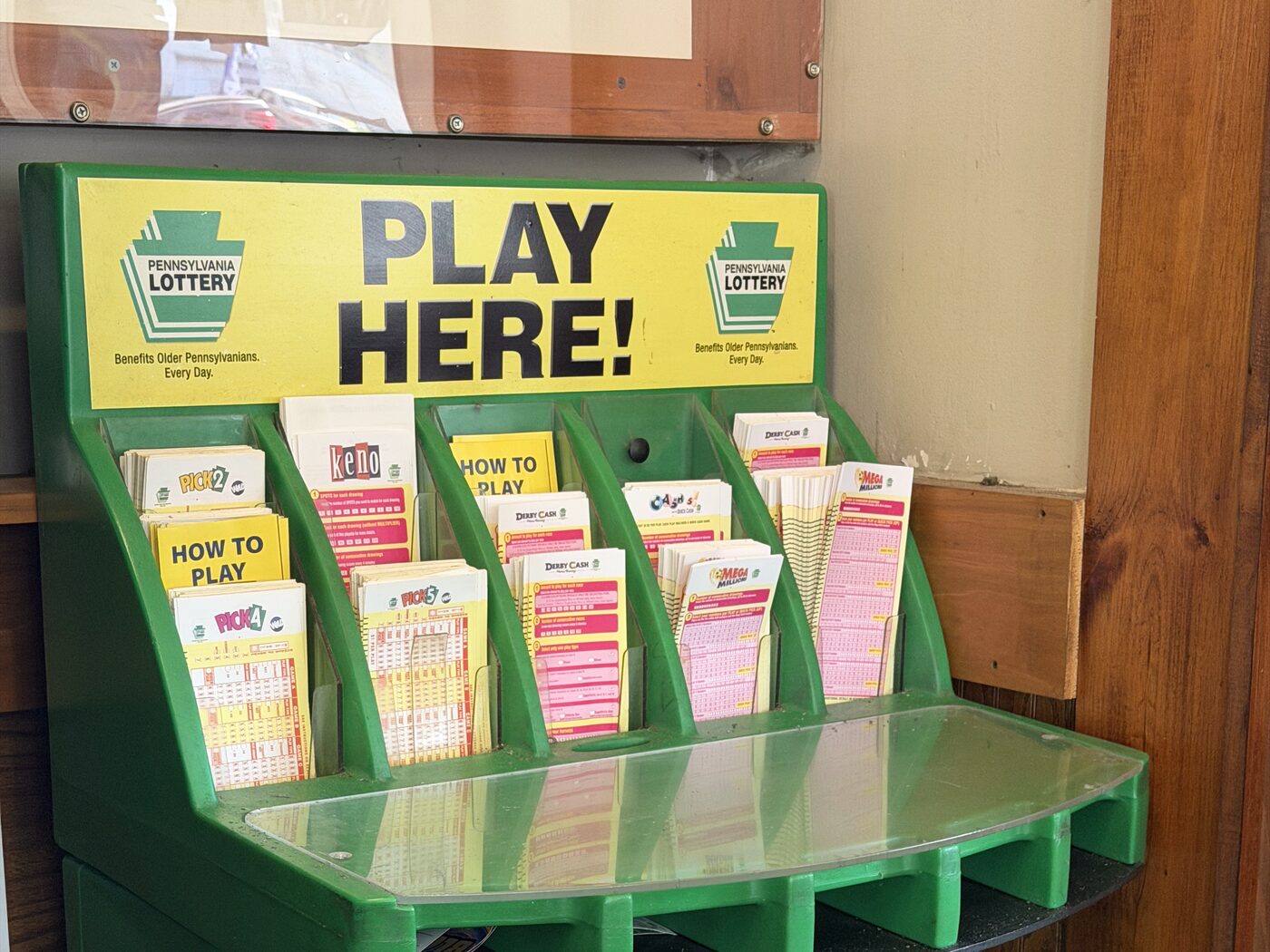 A rack of Pennsylvania Lottery draw-game play slips at The Coney Island in Pottsville, Pennsylvania.