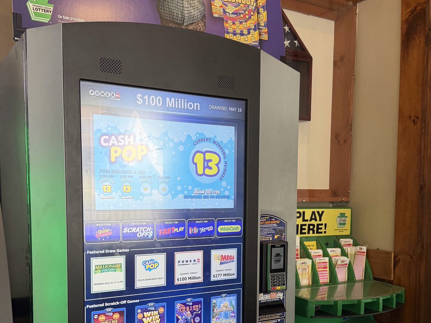 The Pennsylvania Lottery self-service terminal and ticket stand at The Coney Island in Pottsville, Pennsylvania.