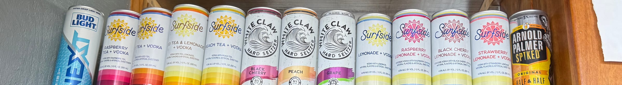 Canned cocktails and seltzers at The Coney Island in Pottsville, PA — Surfside, White Claw, Bud Light Next, Arnold Palmer Spiked.