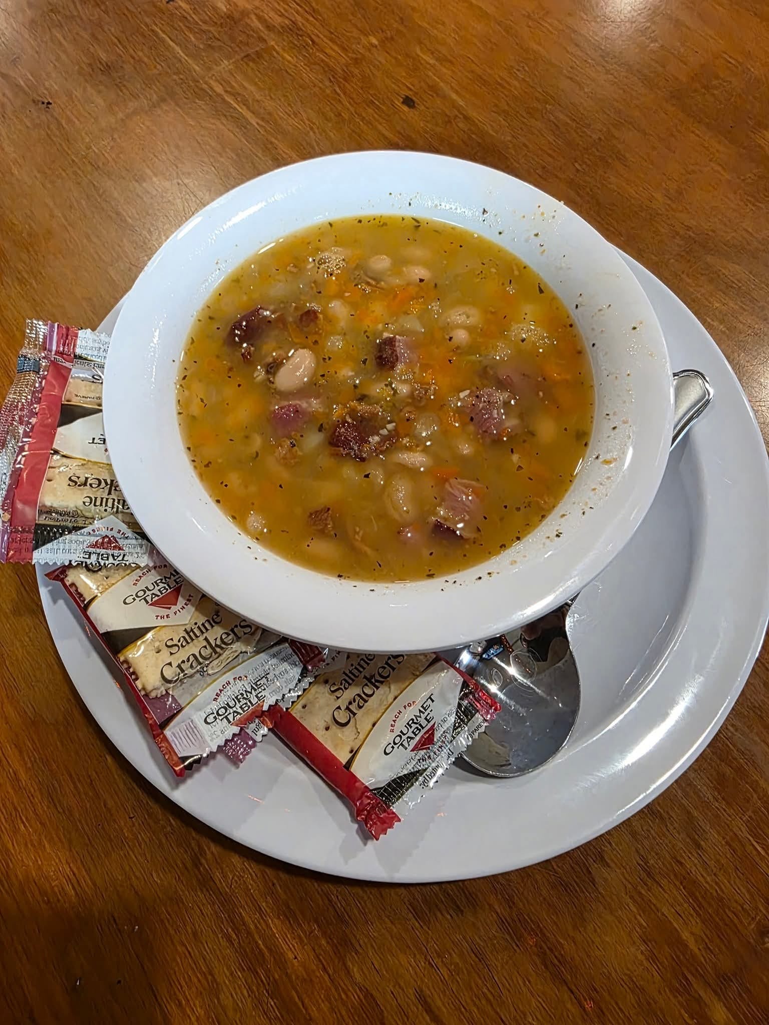 A bowl of bean soup with bacon and saltines at The Coney Island in Pottsville, PA.